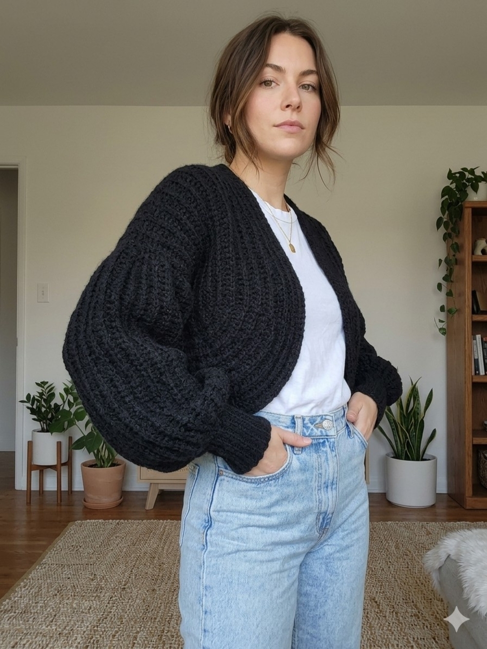 Abercrombie & Fitch Black Cropped Balloon-Sleeve Cardigan